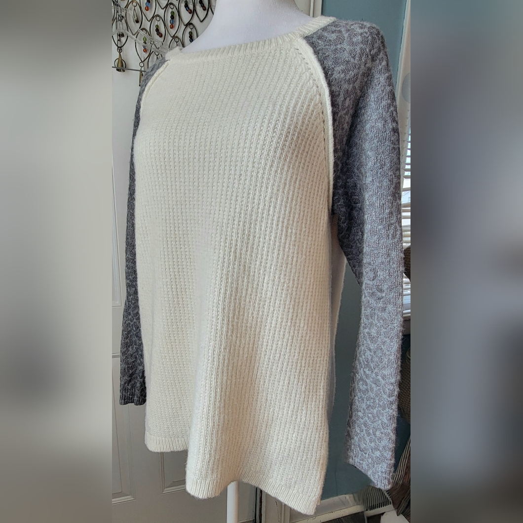 Rebecca Taylor Knit Sweater W/ Leapord Print Sleeves Womens L Grey Ivory Wool Ca